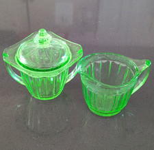 Hocking Glass Green Uranium Depression Glass Creamer and Lidded Sugar Bowl picture