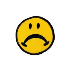 Vintage 1970s Deadstock Sad Face Patch Iron-On 3 Inch Yellow Black Frown Emblem picture
