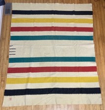 VTG Hudson Bay 3.5 Point Wool Blanket Stripes Red Label England 63” x 80” *READ* picture