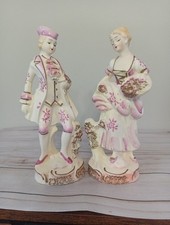 Vintage Porcelain Victorian Colonial Figurines Man & Woman Couple Pink Gold Trim picture