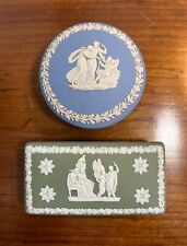 Two Wedgwood Jasperware Trinket Boxes, 1.Sage Green Rectangle.. 1.Lt. Blue Round picture