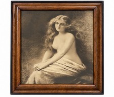 Antique Renoir Seated Female Nude Sepia Photogravure Print Wood Frame c. 1910s picture