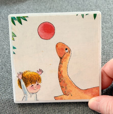 Vintage My Little Dinosaur Ceramic Art Tile 4x4 Storybook Illustration Decor picture