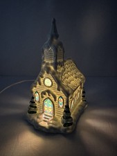 Vintage Enesco Lighted Ceramic Christmas Church Stained Glass Snow Village picture