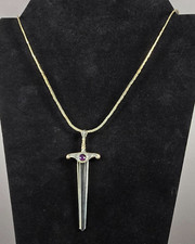 Vintage Renaissance Faire Sword Pendant Necklace Clear Crystal Glass Purple Ston picture