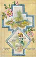 EASTER - Girl, Sheep and Country Scene Easter Greetings Postcard picture