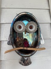 Vintage 70's Metal Recycled Owl Wall Art From Kitchen Parts Glass Eyes   picture