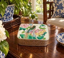 Gorgeous Chinese Porcelain Shard Box Bird Peony Silver Tone  picture