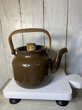 Vintage Enamel Metal Brown Small Teapot Wood Handle Retro Kitchen 1970s picture