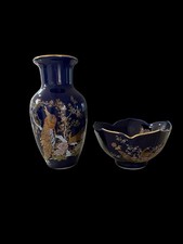 Cobalt Blue Peacock Vase and Scalloped Bowl Set picture