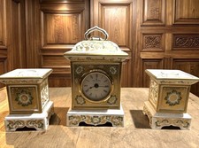 Pair Royal Crown Derby Green Derby Panel Pillar Box Rare Candlesticks & Clock picture