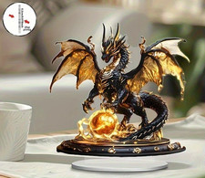Retro Black Gold Fantasy Flame Dragon Acrylic Figurine Desk Decor Birthday Gift picture