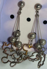 Disney Triple Mickey Mouse Head Dangle Pearl Drop Earrings Silver Tone picture