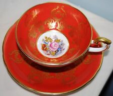Aynsley J.A. Bailey CABBAGE ROSE CENTER Footed Teacup & Saucer Set ORANGE w GOLD picture