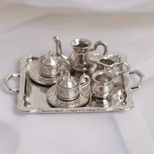 MINIATURES TEA SET-10pcs 1/12 Scale Miniature Silvery Tone Metal Tea Pot & Tray picture