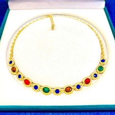 Vintage Gold Necklace with Blue, Green, Red Retro Design, Pre-owned picture
