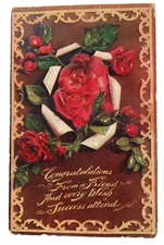 Congratulations from a Friend, Embossed Roses Floral ~ Antique 1910s Postcard picture