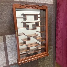 VTG Asian Rosewood And Glass Snuff Bottle Wall Hang Display Curio Cabinet 32x20 picture