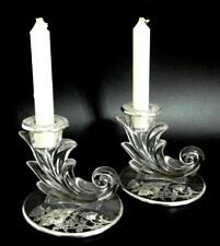 2 Vintage Fostoria Etched Glass Silver Overlay Floral Pattern Candle Holders picture
