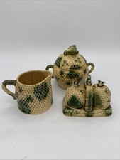 Vintage Brinns Majolica Beehive Honeycomb Clover Creamer Sugar Salt Pepper Set picture