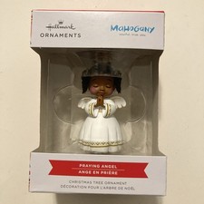 2025 Hallmark Mahogany Black Praying Angel White Dress Red Box Ornament picture