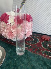 Clear Glass Bud Vase With Etched Flower 10” Tall picture