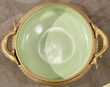 Agostinelli Italian Celadon Green Porcelain Bronze Dolphin Handle Dish 9x4 picture