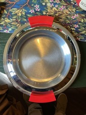 Vtg Bruce Hunt Art Deco 11” Chrome Steel Serving Bar Tray Plate w/ Red Handles picture