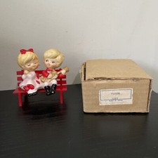 Valentine Girl In Pink Dress / Boy with Guitar on Red Bench Figurine w/ Orig Box picture