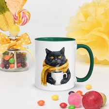 Black Cat Mug with Yellow Scarf – Cute Ceramic Coffee Cup for Cat Lovers picture