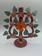 VTG Mexican Folk Art Pottery Tree of Life Candle Holder Floral Signed REPAIR picture