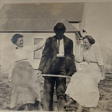 Antique B&W Snapshot Photo Beautiful Young Women Twins? Man Lifting Fun Silly picture