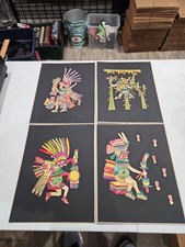 Pair of Vintage Mayan Aztec Design Dyed Straw Artwork unframed - 🇺🇸 SHIPPED  picture