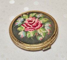 Vintage Primadonna Powder Compact Petit Point Embroidered Rose Brass Mirror picture