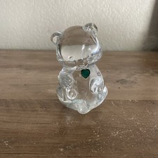 Fenton Clear Glass Bear Figurine May Birthday Emerald Green Heart picture