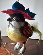 Sassy Fancy Bird Blown Glass Christmas Ornament Glitter Big Hat picture