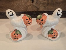 Fitz & Floyd Ominbus Halloween Ghost Jack O Lantern Pumpkin Candle Holder Set 2 picture