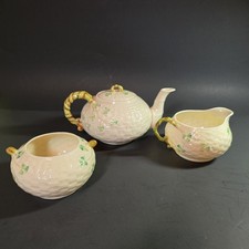 Vtg Belleek Ireland Basketweave Shamrock Tea Set Teapot Creamer Sugar 6th Grn Mk picture