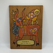 Vintage 1970s Taurus Zodiac Wood Wall Plaque Astrology Psychedelic Folk Art Bull picture