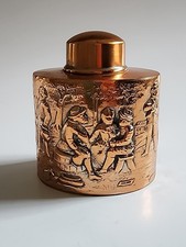 Antique Bright COPPER Tea  Caddy Repousse People In Streets Hallmarks On Bottom picture