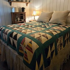 Vintage Pinwheel Quilt Handstitched Feedsack 84”X 70” Greens Blues picture