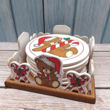 Vintage 1988 House of Lloyd Christmas Teddy Bear Coaster Set with Wooden Holder picture