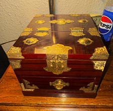 Chinese Style Dark Brown Wooden Box Chest w/ Brass Hardware, Latch & Inlay picture