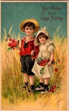 Postcard Best Wishes for a Happy Birthday boy girl wheat field embossed picture