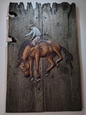 Vintage 1978 Jari Mac Bell Western Relief Wood Carvings - Roping & Bronco Set picture