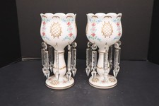 Pair of Antique Victorian Frosted White Art Glass Mantle Lusters w Prisms picture