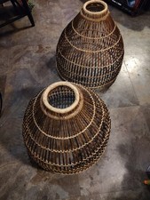 2 Large Bamboo Fish Trap Style Wicker Woven Rustic Bohemian Pendant Lamp Shades. picture