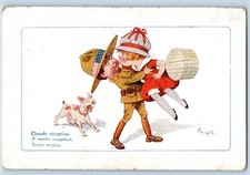 Humor Postcard Little Soldier Romance A Warm Reception Dog c1910's Antique picture