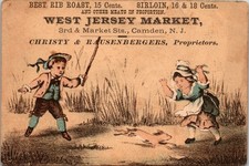 Vintage Boy, Girl, Rabbit Jersey Market Grocers Victorian Trade Card Camden N.J picture