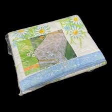 Vintage Full Sized Blanket Satin Style Trim Daisy Flowers Beacon USA Blue 1970s picture